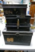 Four Black Metal Deed Boxes, two without keys largest length 40cm(4)