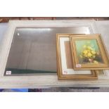 Large bevelled edged Mirror together with framed oil on board still life study signed Robert Cox and