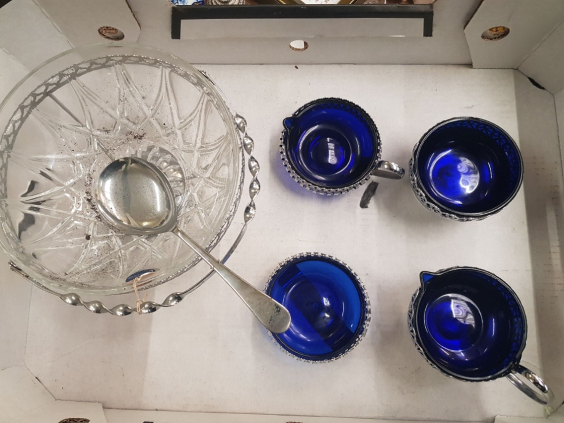 Mixed Collection of Glassware items to include mounted serving bowl together with two sets of milk