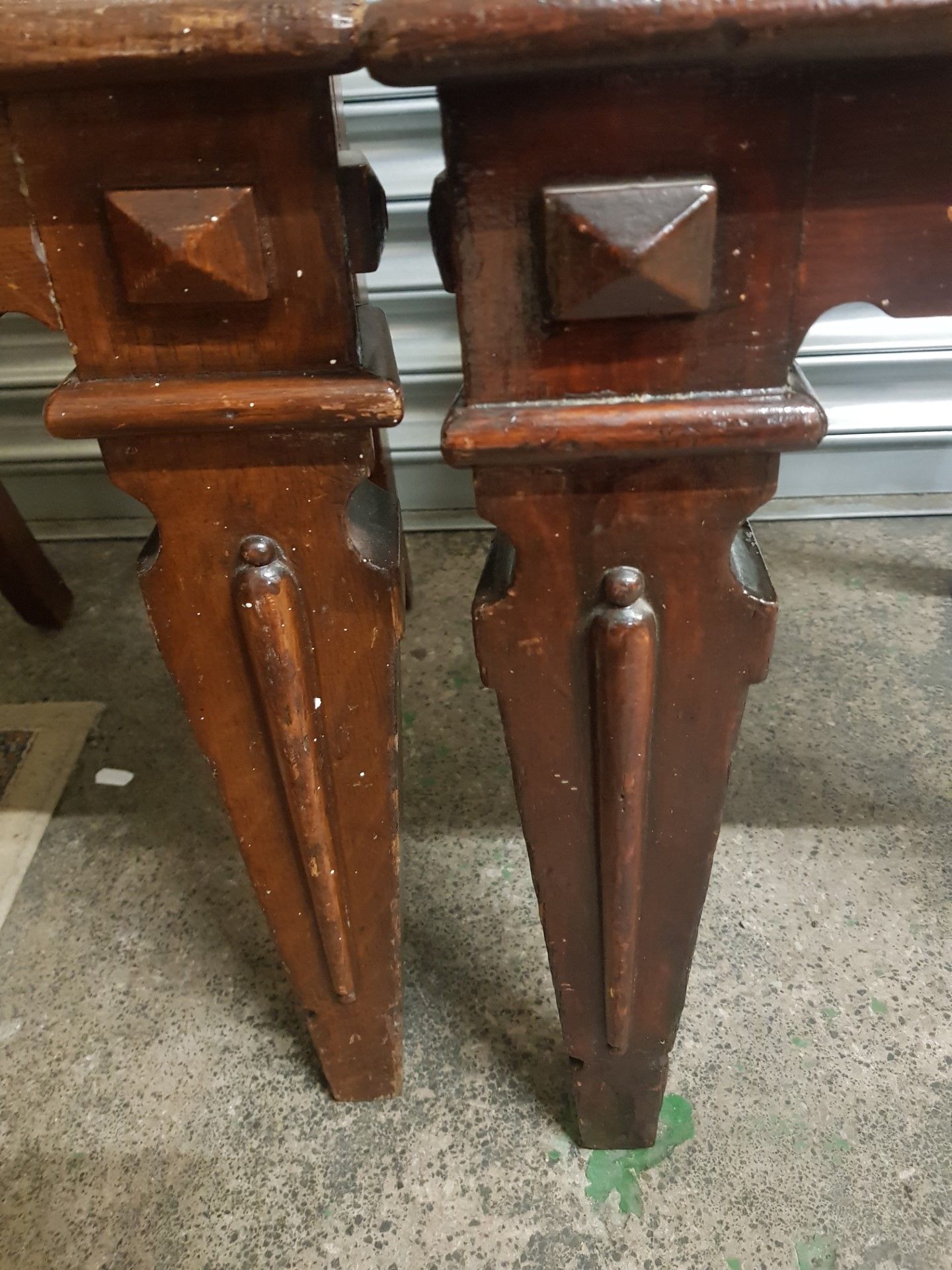 Pair of late Victorian oak hall chairs, raised on tapering square front supports and spade feet, - Image 3 of 4