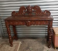 Late Victorian oak hall/console table, with profusely carved Gothic detail, 114cm in width, 43cm