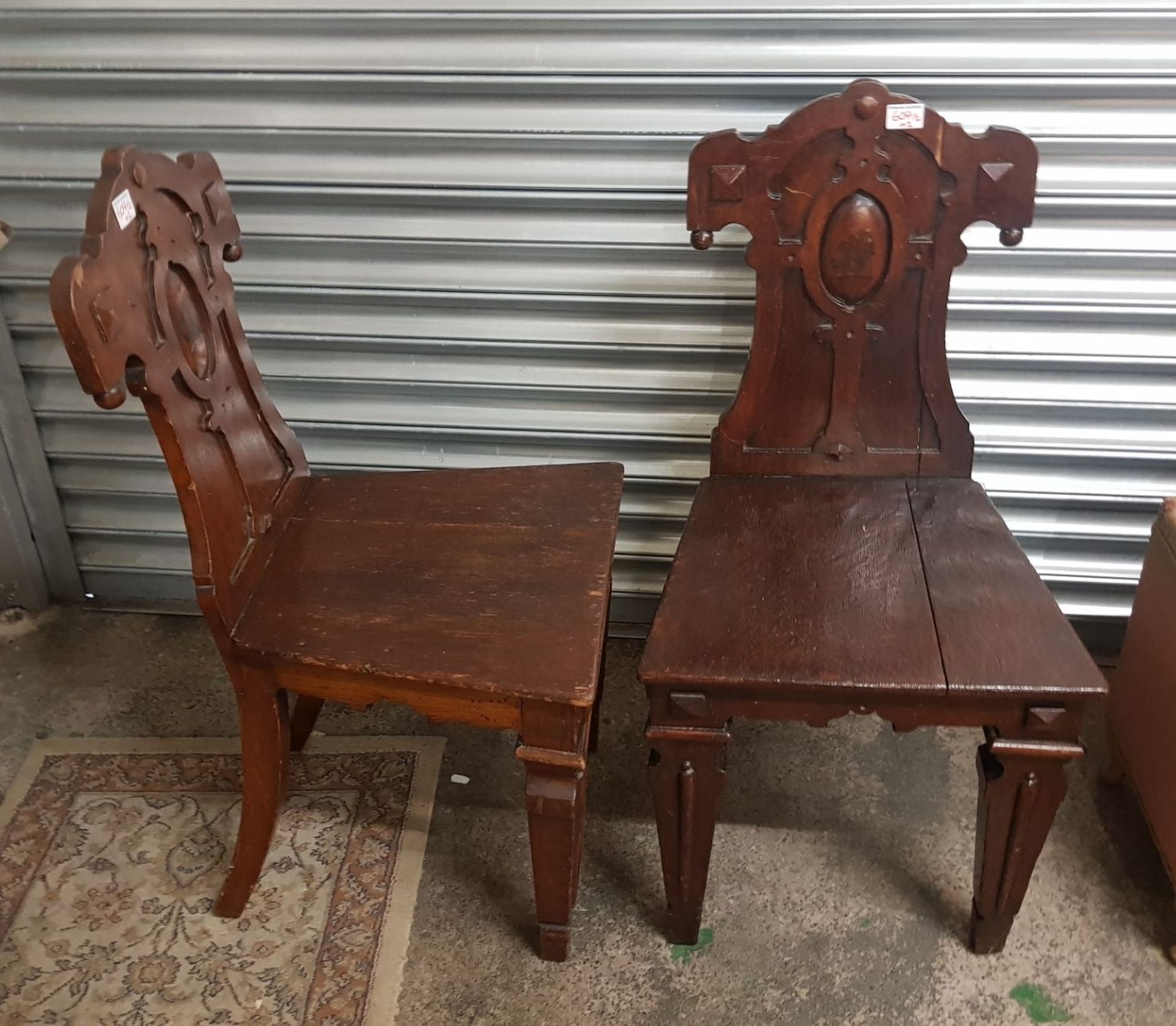 Pair of late Victorian oak hall chairs, raised on tapering square front supports and spade feet, - Image 4 of 4