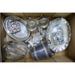 A mixed collection of items to include silver plated ice bucket, similar serving dishes, sugar tongs