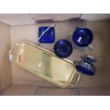 4 piece white metal and bristol blue glass service ware items together with gold plated serving tray