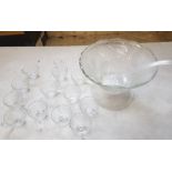 Pressed glass punch bowl together with 12 punch cups, hooks and ladel (1 tray)