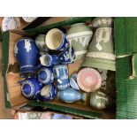 A large collection of Wedgwood items to include Blue dip Jasper tea service, pink jasper ware pin