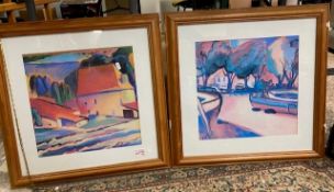 Two contempory framed prints of contintental rural scenes 56x56cm (2)