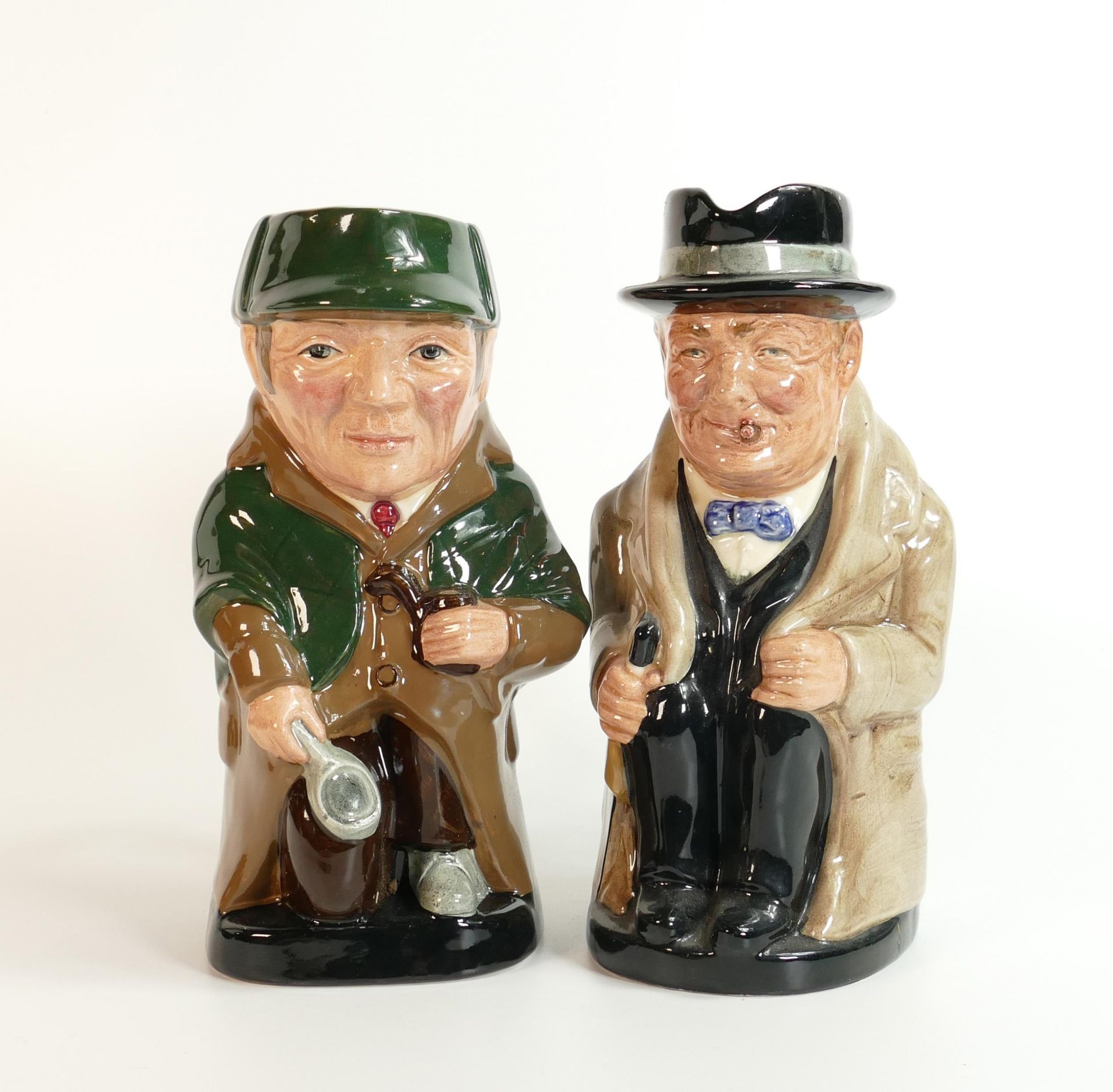 Royal Doulton large toby jugs to include Sherlock Holmes D6661 & Winston Churchill (2)