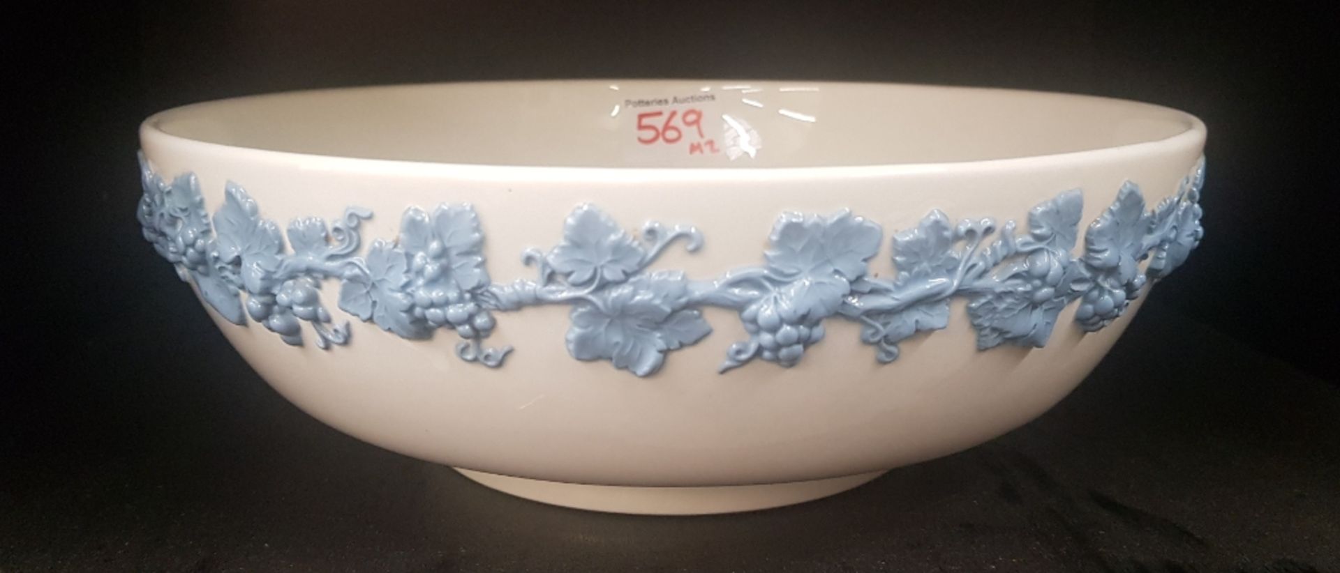 Wedgwood Blue on white Embossed Queensware Footed Fruit Bowl 26cm diameter