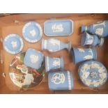 A collection of blue jasper ware items to include vases & lidded pots etc (1 tray)