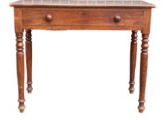 Early 19th century single drawer side table on turned supports. Height 74cm, width 91.5cm, depth
