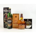 Boxed Glenfiddich Clan Sutherland Whisky, Bells Connoisseur 12YO Whisky & Grants Sporran Flask,