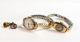 Two 9ct gold ladies wristwatches, both with gold plated expandable straps and two pinchbeck