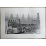 John Bulmer signed print of the Crown Staffordshire china factory, Potteries, dated 1961. Size of
