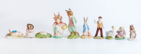 Ten Royal Albert Beatrix Potter figures to include large Foxy Whiskered Gentleman, large Mrs Rabbit,