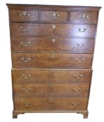 19th century Georgian Oak chest on chest, 9 drawers with brass handles, length 123cm, depth 58cm &