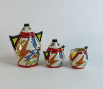 Lorna Bailey Tempest pattern tea set. Tea pot, milk jug and sugar bowl. Ellgreave backstamp