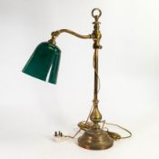 Edwardian heavy brass desk lamp with enamelled shade, height 60cm