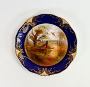 Royal Worcester gilded cabinet plate decorated with pheasants by J Stinton, green factory marks,