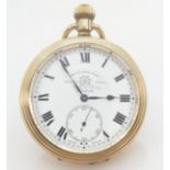 Thomas Russell Liverpool gold plated open faced gents pocket watch, winds, ticks and runs down. High