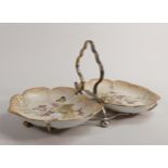 Carlton Blush ware twin entrée dish, scalloped edged with floral viola decorations, by Wiltshaw &