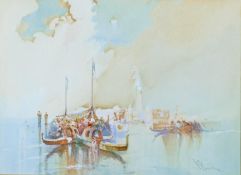 W Knox, watercolour Venetian harbour scene with Gondolas to the foreground, frame size 46cm x 56cm