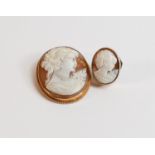 9ct gold mounted oval cameo brooch together with 9ct gold cameo ring, size J. (2)