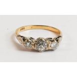 18ct gold three stone diamond ring, middle stone approx .25ct, size P, 3.5g.