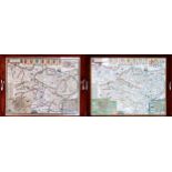 Two mahogany glazed trays framing early hand coloured maps of Kent. Maps measuring 38cm x 50cm