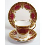 De Lamerie Fine Bone China deep red Carnival patterned trio, specially made high end quality