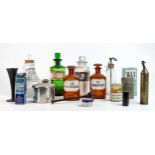 A collection of vintage apothecary glass bottles & instruments, tallest glass bottle measures