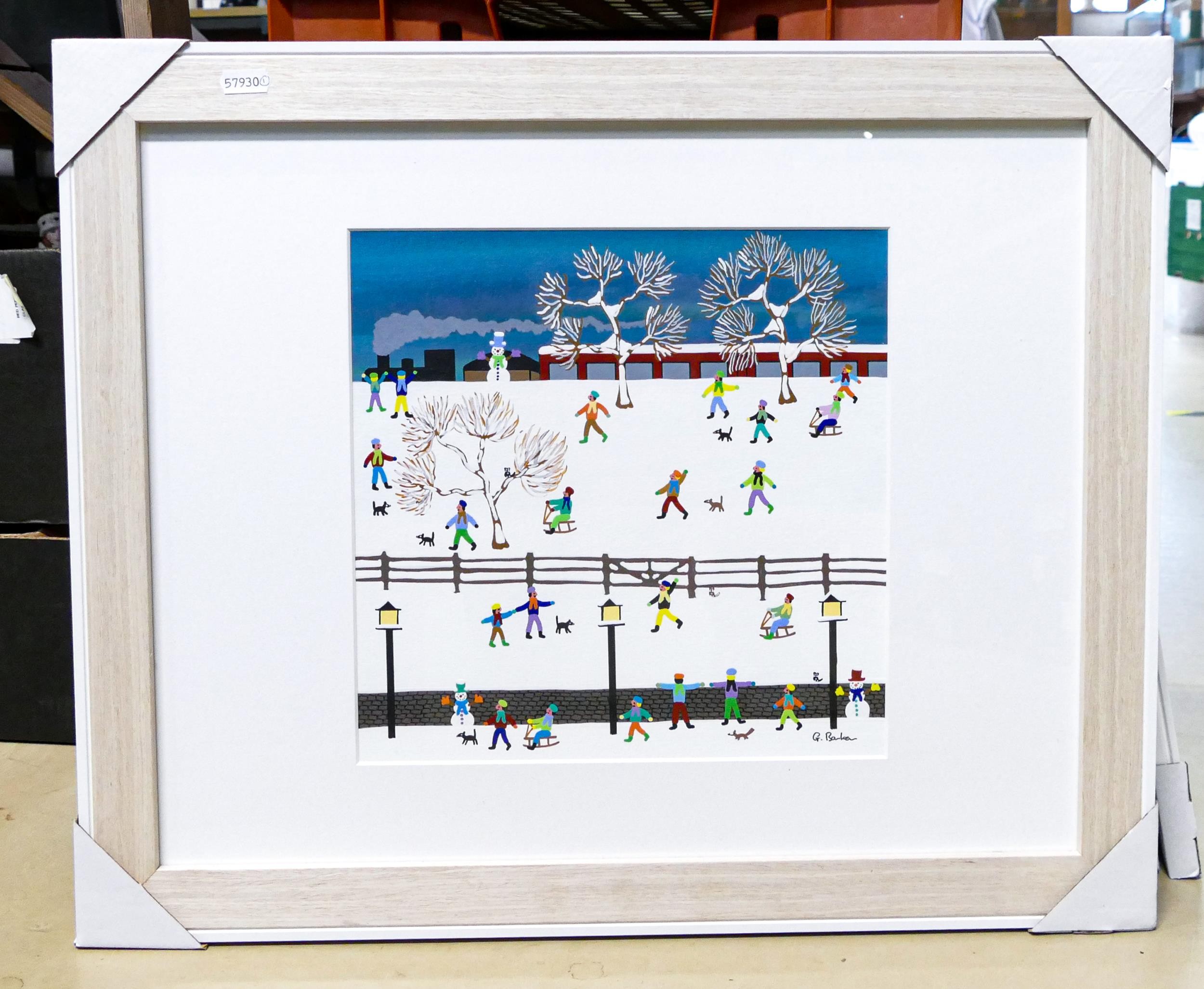 Gordon Barker (English Naïve school), 'Fun in the Snow', signed, acrylic on paper, 28.5cm x 28. - Image 3 of 3