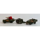 A collection of W Britain metal model vehicles including Beetle Lorries & Howitzer Cannon
