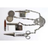 Interesting silver chatelaine, comprising hallmarked silver handles scissors & case, pencil 1904,