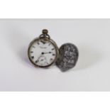 Silver keyless pocket watch from Robert Milne, Manchester, together with Nazi 1935 pre WWII badge