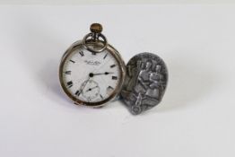 Silver keyless pocket watch from Robert Milne, Manchester, together with Nazi 1935 pre WWII badge