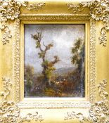 Early 19th century Oil painting on wood panel of cattle in landscape scene, 31cm x 27cm, in gilt