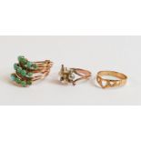 Three yellow metal unmarked vintage rings, one set with turquoise stones, 9.2g. (3)