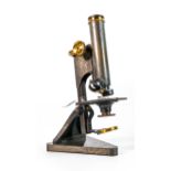 Cased R & J Beck London Doctors type microscope, height 25cm
