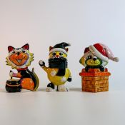 Lorna Bailey hand decorated colourway cat figures - cat with cauldron, Snowball & cat in chimney pot