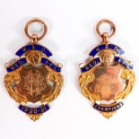 Two 9ct gold & enamel medals, M. & D. WED. A.F.L Champions & 1920-21, 14.8g.