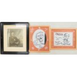 Print of an "Orpen" 1911 and two marker pen drawings by Rolf Harris, framed. (3)