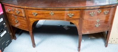 Georgian Mahogany bow fronted inlaid Sheraton style sideboard, length 188cm, depth 83cm & height
