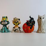 Lorna Bailey hand decorated comical cat figures -Catkin, Trick or Treat, Ghost cat Cleo & John Wayne