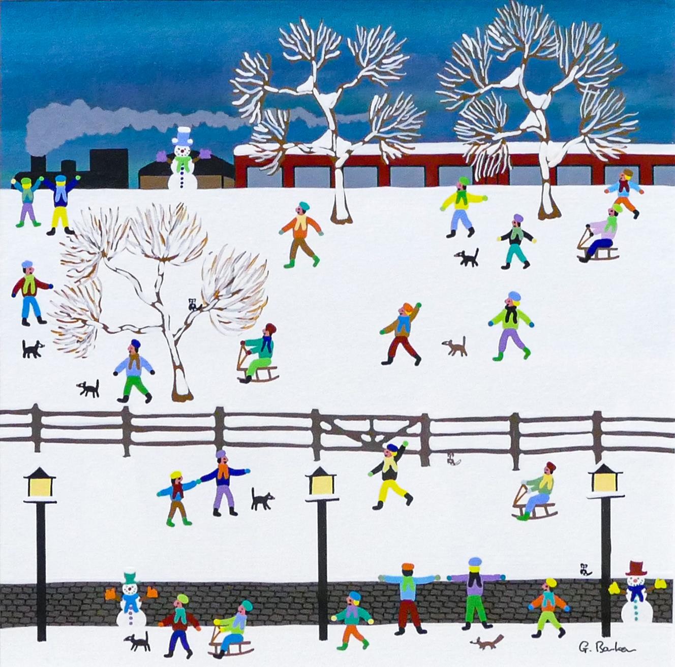 Gordon Barker (English Naïve school), 'Fun in the Snow', signed, acrylic on paper, 28.5cm x 28.