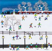 Gordon Barker (English Naïve school), 'Fun in the Snow', signed, acrylic on paper, 28.5cm x 28.