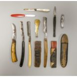 A collection of vintage pocket knives including bovine handled paring knife, silver bladed fruit