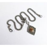 Silver double Albert watch chain & fob with gold decoration. Gross weight 36.7g, length clip to clip
