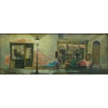 Deborah Jones oleograph titled Antique shop. Frame size 38.5cm x 84cm minor damage to frame