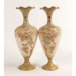 Pair of Carlton Blush ware vases by Wiltshaw & Robinson, c1900, decorated & gilded with flowers, h.